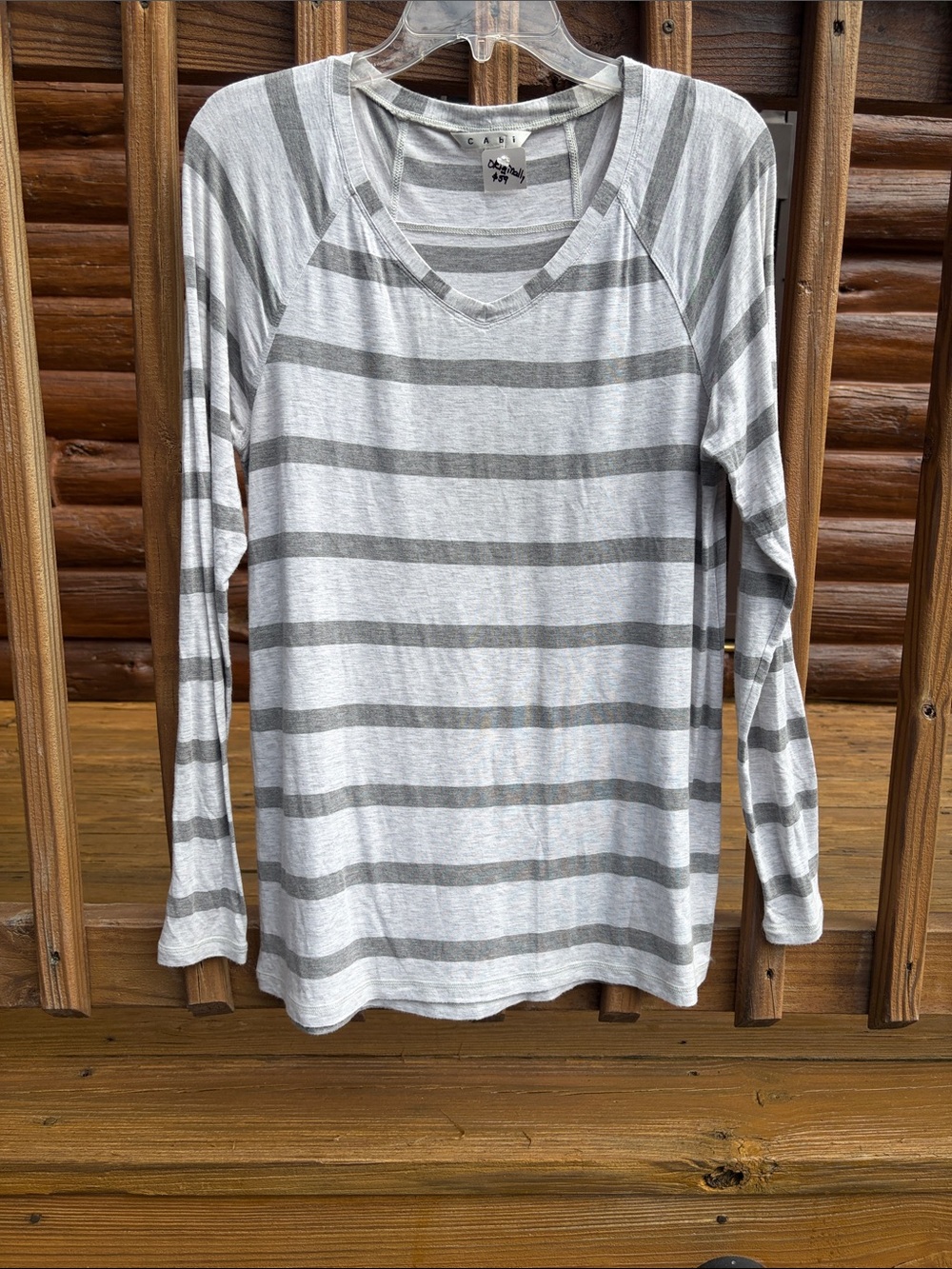 Ladies CABI Caslon Gray and White Striped V-Neck Long-Sleeve Top